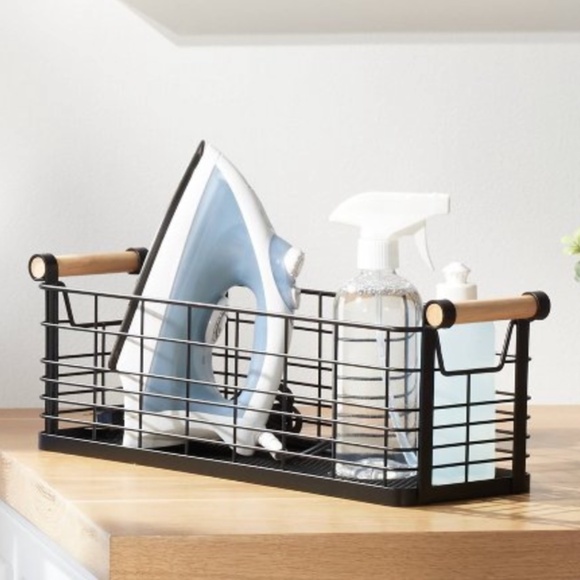 BRIGHTROOM · RECTANGULAR BLACK WIRE NATURAL WOOD HANDLED BASKET - Picture 3 of 3